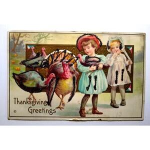 Thanksgiving Postcard Turkeys Children Mica Glitter Stecher Embossed 204 A